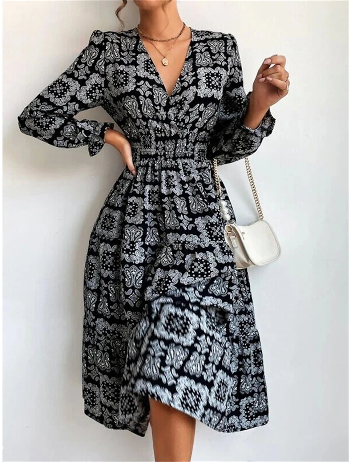 Charming Women's Clothes For Special Events Women's Party Dress Cocktail Dress Wedding Guest Dress Midi Dress Black White Blue Long Sleeve Floral Print Summer Spring Fall V Neck Elegant Wedding Guest Birthday Vacation