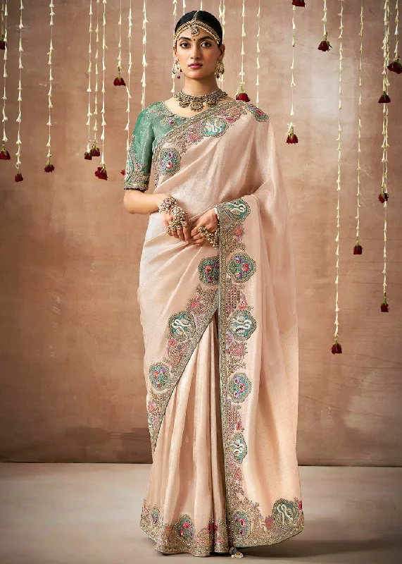 Casual Clothes For Women Creamy Peach Embroidered Silk Wedding Wear Saree