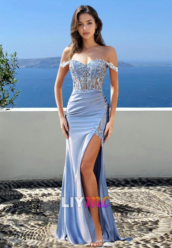 Women's Sporty Chic Clothes Off-Shoulder Sleeveless Floral Appliques Pleated Sheath Prom Dress