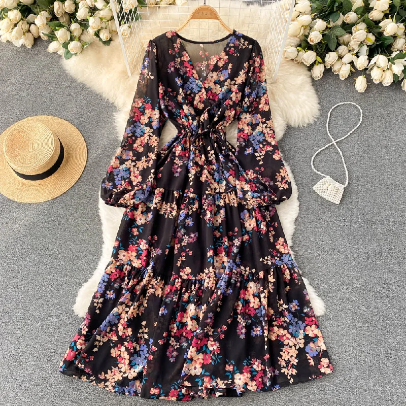 Women's Fashion Clothes Floral Print OL Dress Summer Women Elegant Long Lantern Sleeve Robe Vintage   S551