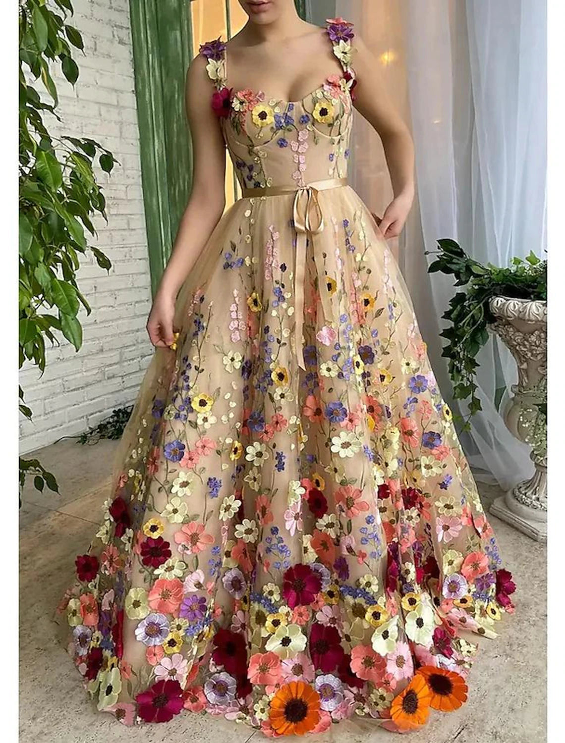 Women's Clothes For Outdoor Events A-Line Prom Dresses Celebrity Style Dress Formal Wedding Guest Floor Length Sleeveless Spaghetti Strap Lace with Floral Print Appliques Shouder Flower