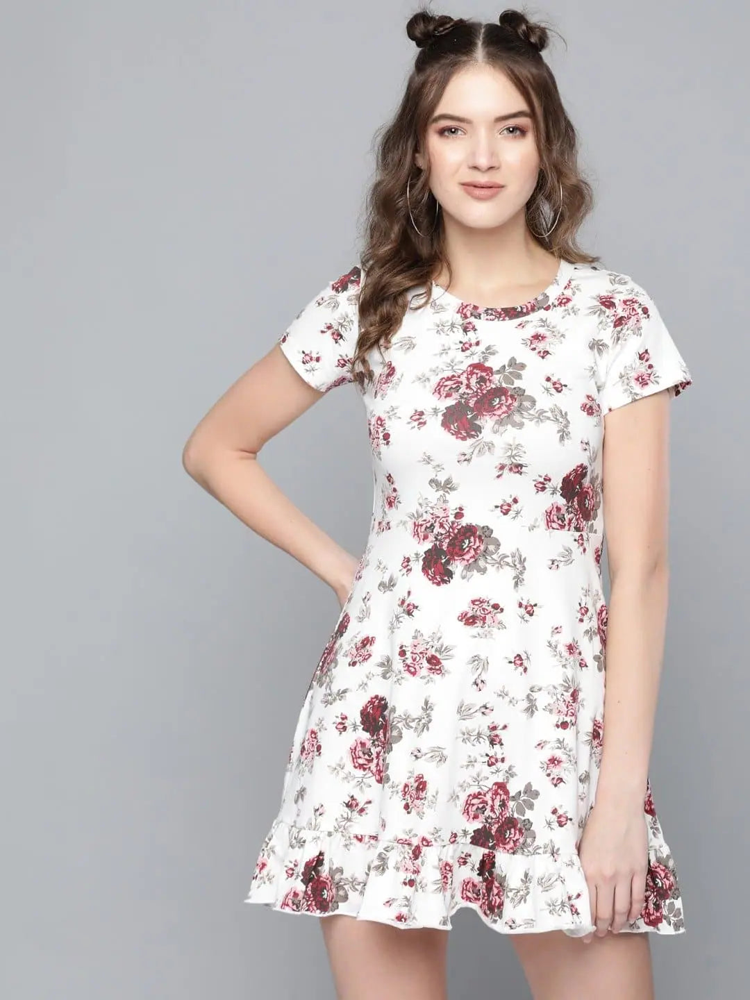 Women's Trendy Apparel Maroon Floral Frill Hem Skater Dress