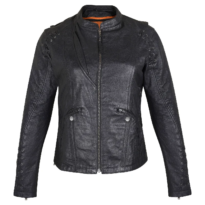 Affordable Women's Clothing HML638B High Mileage Ladies Lightweight Black Goatskin Jacket w/ Grommeted Twill and Lace Highlights