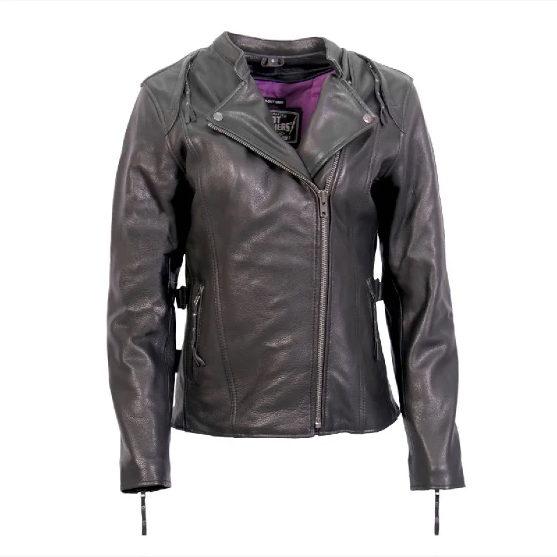 Women's Stylish Outdoor Outfit Hot Leathers JKL1032 Ladies Black Leather Jacket with Vented Side Snaps