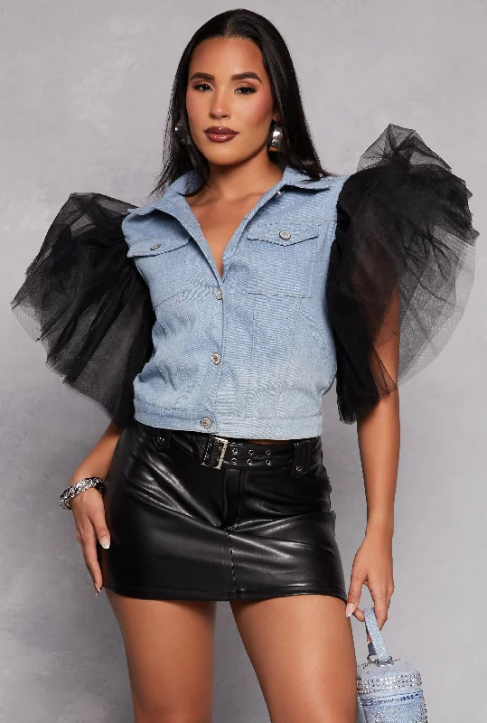 Women's Vacation Outfit Set Tulle Flutter Sleeve Denim Vest