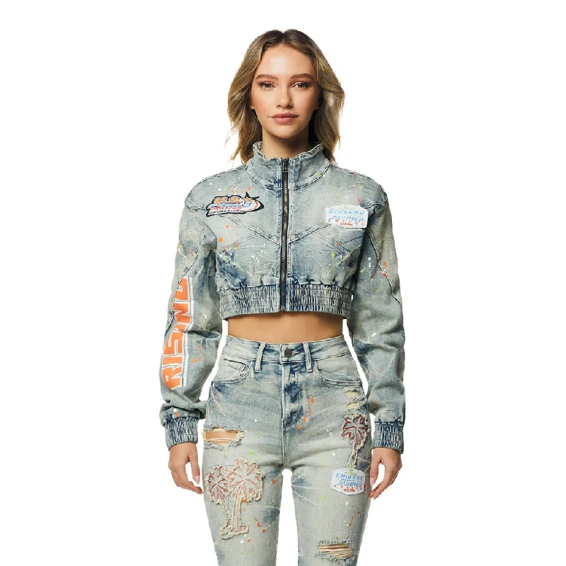 Luxury Women's Clothing Cropped Racing Jean Jacket - Alpine Blue