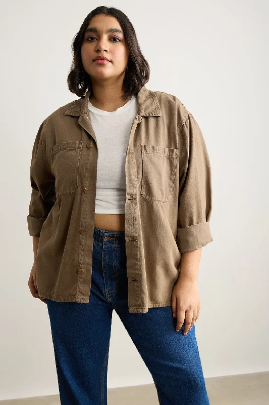 Women's Plus-Size Apparel Earthy Two Pocketed Denim Ef. Shacket