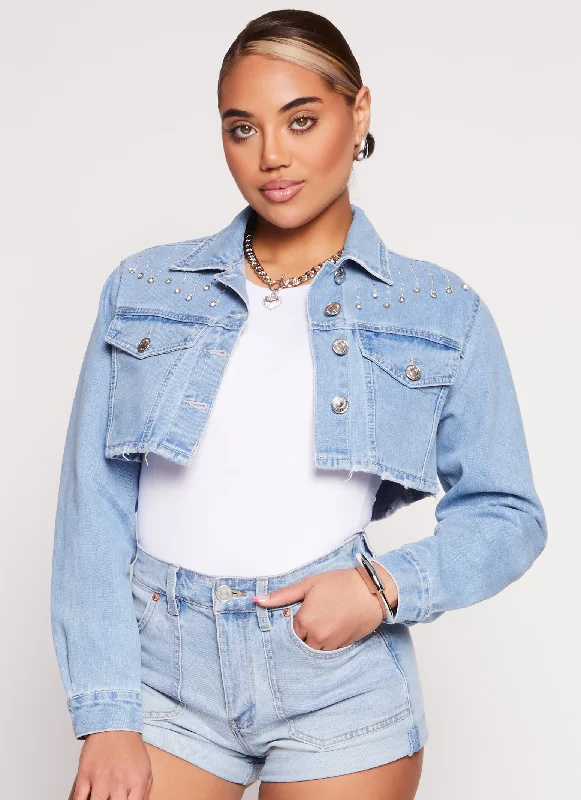 Women's Trendy Clothing Almost Famous Rhinestone Detail Cropped Jean Jacket