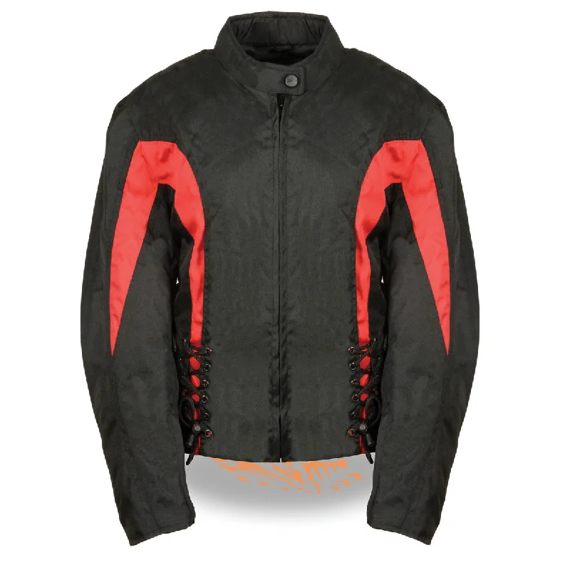 Women's Vintage-Inspired Clothing Nexgen SH2188 Women's Black and Red Textile Motorcycle Riding Jacket with Side Stretch and Lacing