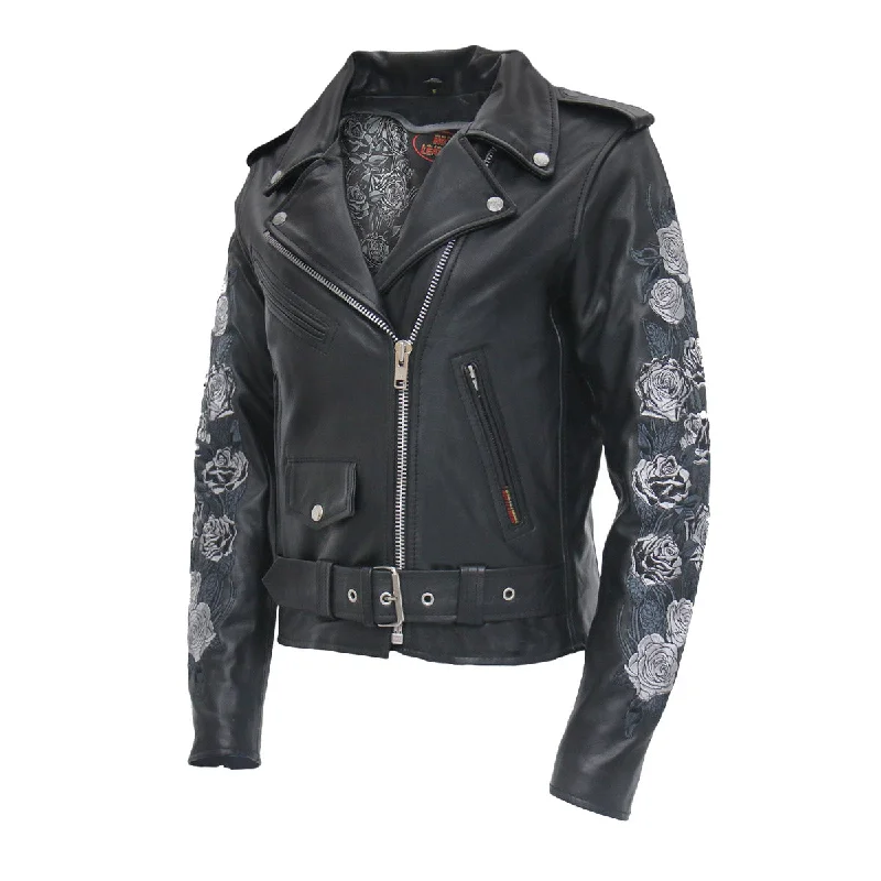 Women's Clothing For Special Occasions Hot Leathers JKL2002 Women's Black 'Rose Embroidered' Motorcycle Style Leather Jacket