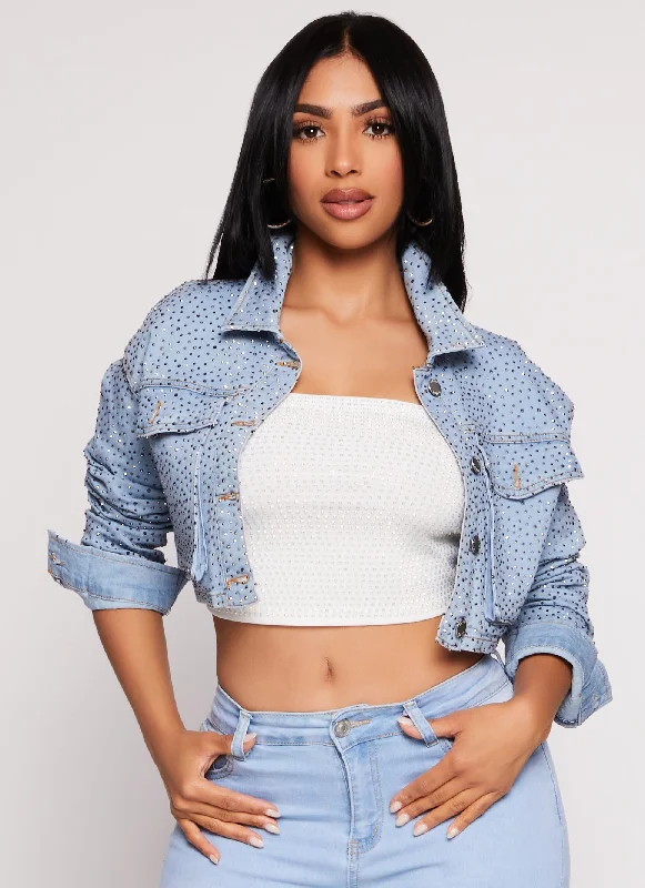 Women's Chic Apparel Daisy Rhinestone Cropped Jean Jacket