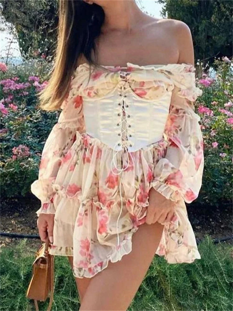 Women's Cozy Outfit For Lounging Off-Shoulder 3D Flowers Long Sleeve Mini Dresses