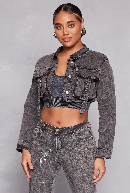 Women's Occasion Wear Apparel Daisy Acid Wash Cropped Jean Jacket