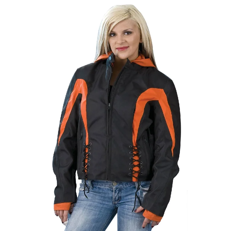 Women's Elegant Formal Outfit NexGen SH2039 Women's Black and Orange Textile Racer Jacket with Fleece Hoodie