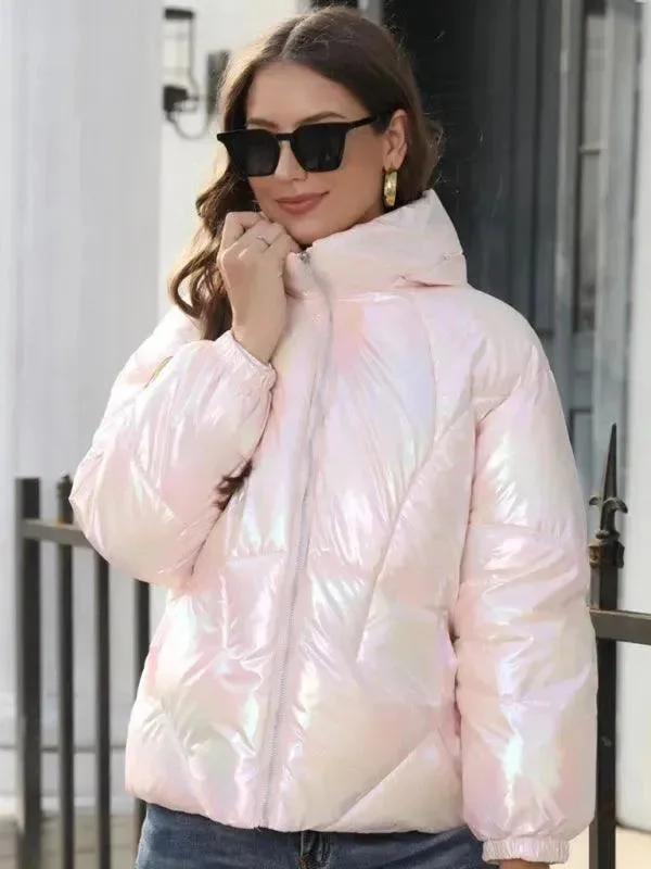 Women's Formal Clothes Shiny Hooded Women Parka Jacket