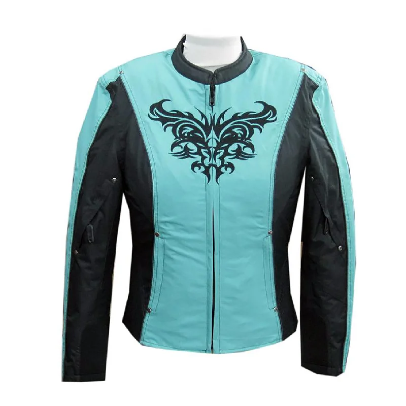 Sustainable Women's Clothing NexGen SH2367 Women's Turquoise and Black Textile Jacket with Embroidery Artwork