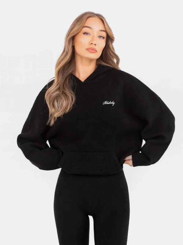 Women's Comfy Attire For Lounging Oversized Knitted Hoodie - Black