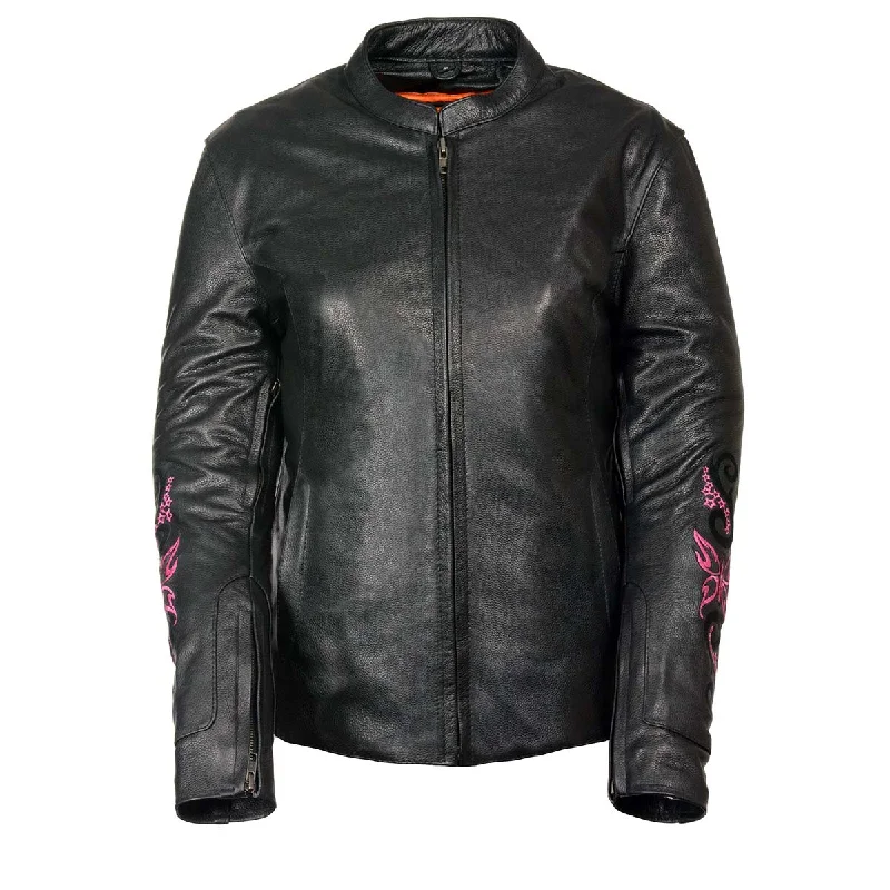 Trendy Athleisure Clothing For Women Milwaukee Leather ML2071 Ladies Black Leather Jacket with Fuchsia Butterfly Design