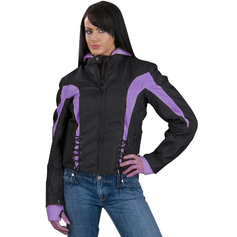 Chic Women's Outfit NexGen Ladies SH1906 Black and Purple Textile Racer Jacket with Hoodie