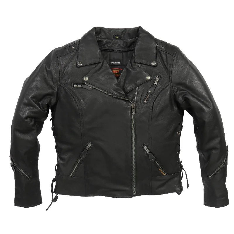 Women's Trendy Casual Clothes Hot Leathers JKL1027 Ladies Black Lace Detail Carry Conceal Leather Motorcycle Jacket