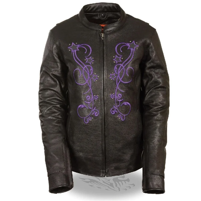 Women's Sporty Clothes Milwaukee ML2500 Women's Reflective Star Riveted Black and Purple Leather Jacket