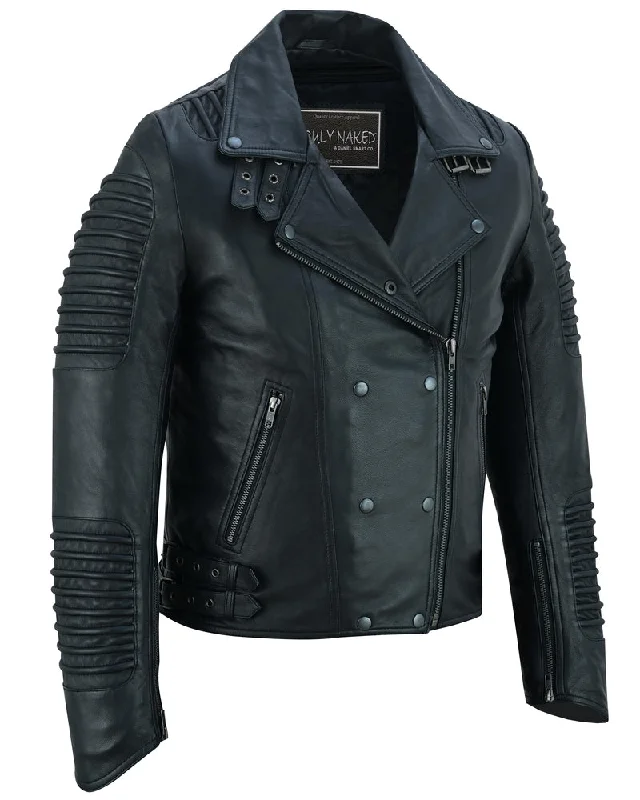 Women's Occasion Wear Clothes Shadow Queen Women's Black Fashion Leather Jacket with Ribbed Accents