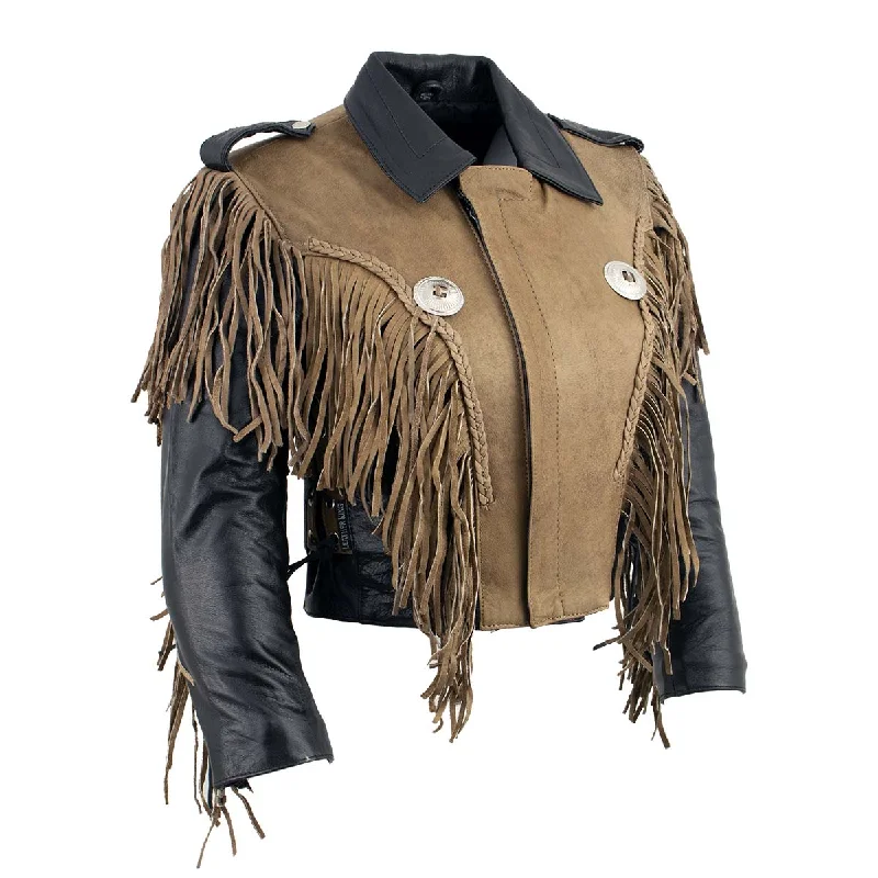 Women's Clothing Leather King SH2015 Ladies ‘Fringed’ Cropped Two Tone Jacket with Braiding Detail