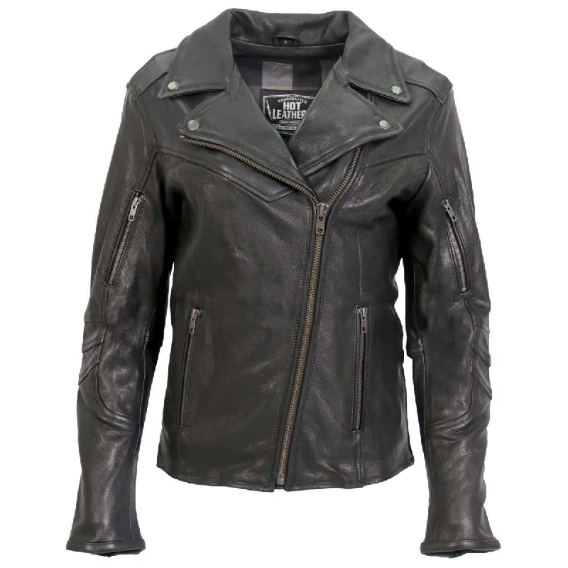 Timeless Women's Outfit Hot Leathers JKL1034 Ladies Black Leather MC Jacket with Plaid Flannel Lining