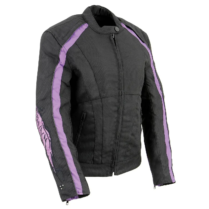 Women's Trendy Clothing Milwaukee Leather MPL1954 Women's 'Studded Wings' Black and Purple Textile Moto Jacket