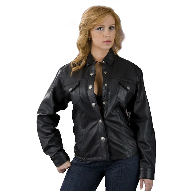 Women's Holiday Outfit Leather King SH8028 Ladies Black Lambskin Leather Shirt