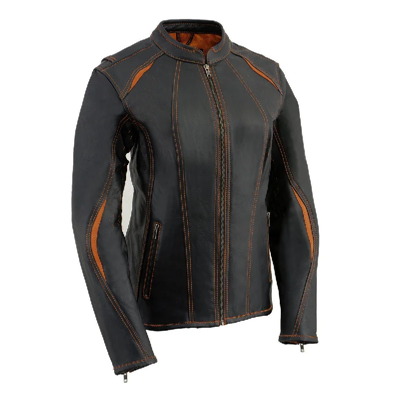 Chic Clothing For Women Milwaukee Leather MLL2502 Women's 'Laser Cut' Distressed Black and Orange Scuba Style Racer Jacket