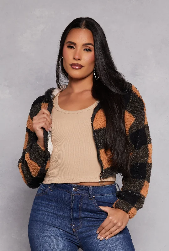 Stylish Women's Apparel Buffalo Plaid Zip Front Hooded Cropped Jacket