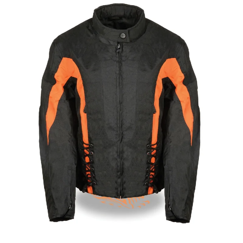 Women's Active Outfit For Fitness Nexgen SH2188 Women's Black and Orange Textile Motorcycle Riding Jacket with Side Stretch and Lacing