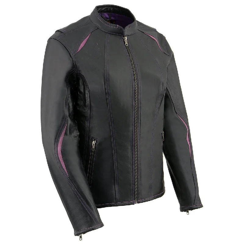 Women's Evening Clothing Milwaukee Leather MLL2502 Women's 'Laser Cut' Distressed Black and Purple Scuba Style Racer Jacket