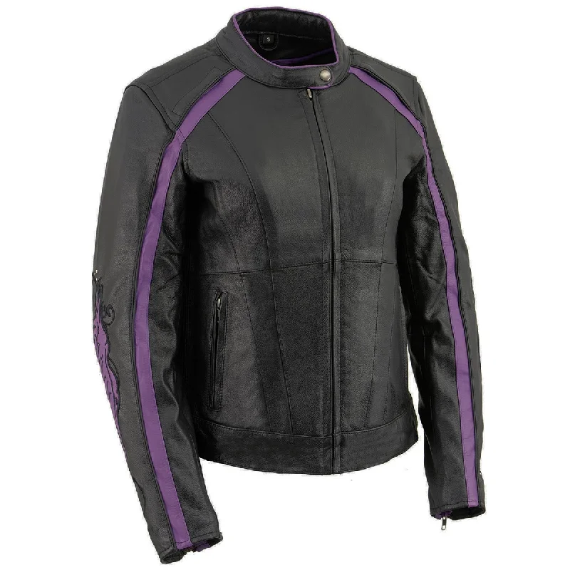 Luxury Women's Clothing Milwaukee Leather X1952 Women's Black and Purple Embroidered and Stud Design Jacket