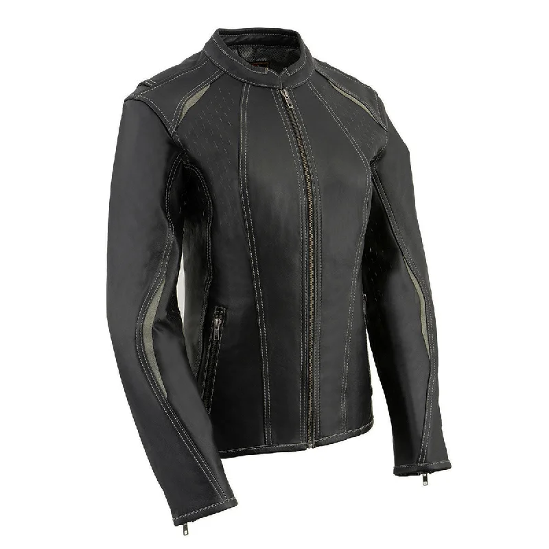 Stylish Women's Clothing Milwaukee Leather MLL2502 Women's 'Laser Cut' Distressed Black and Grey Scuba Style Racer Jacket