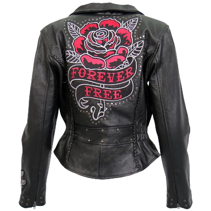 Women's Everyday Clothes Hot Leathers JKL2001 Women's Black 'Embroidered Bling Rose Design' Braided Motorcycle Leather Jacket