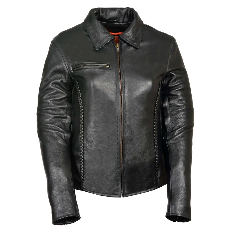 Modern Women's Clothes Milwaukee Leather SH7093 Women's Black Leather Braided Jacket with Shirt Style Collar